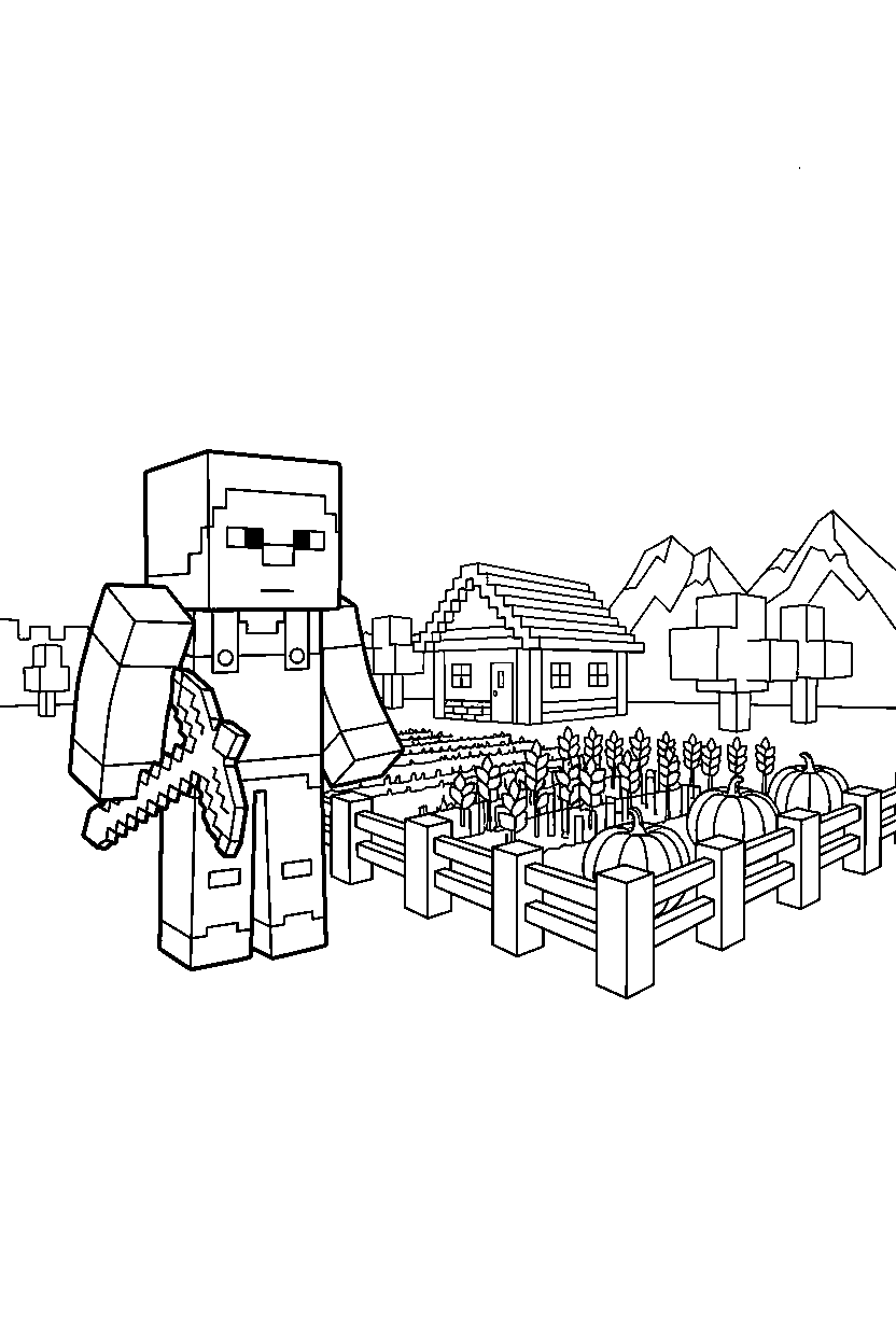 minecraft steve standing calmly near a farm field line art