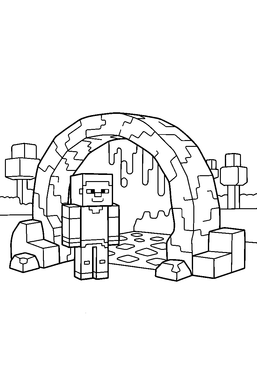 minecraft steve standing calmly near a lava cave line art
