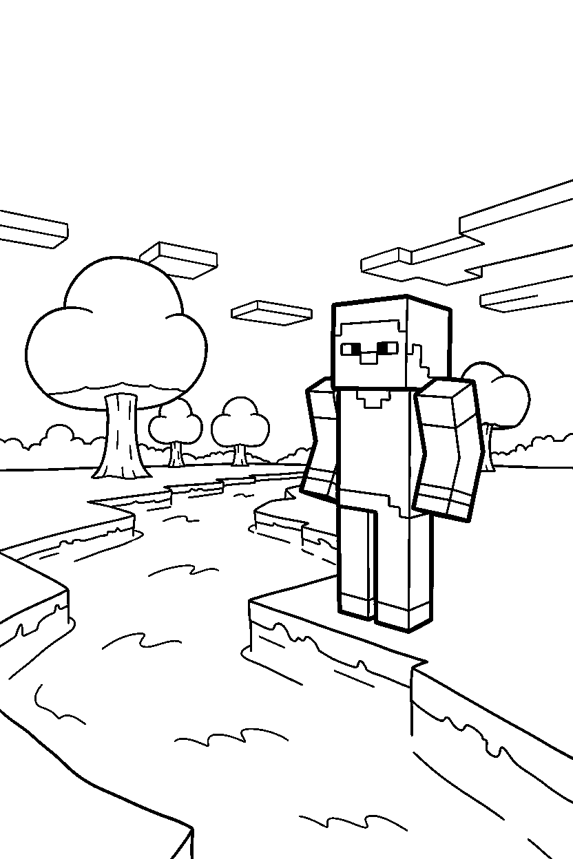 minecraft steve standing calmly near a river line art