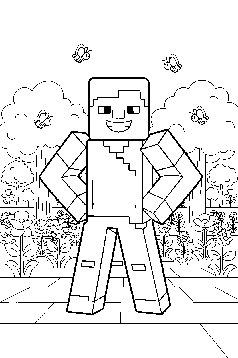 minecraft steve standing confidently in a flower forest line art