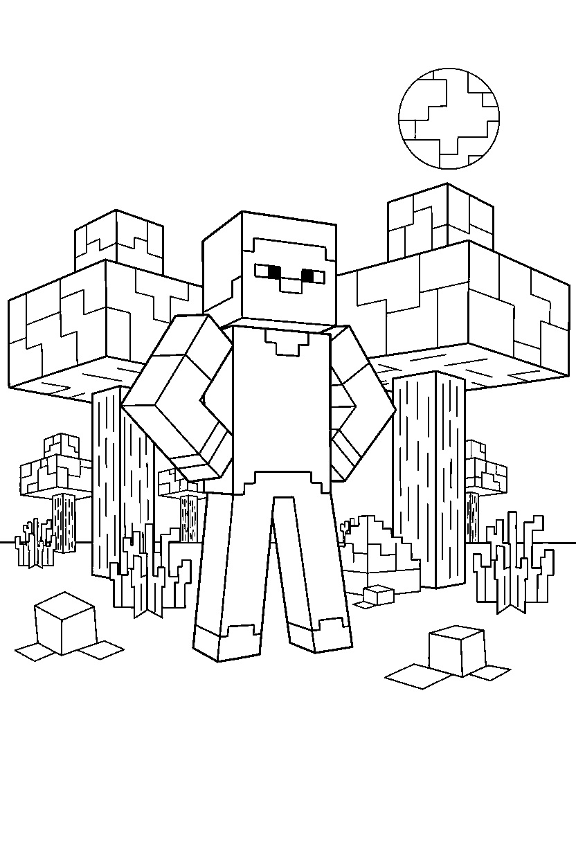 minecraft steve standing confidently in a forest line art
