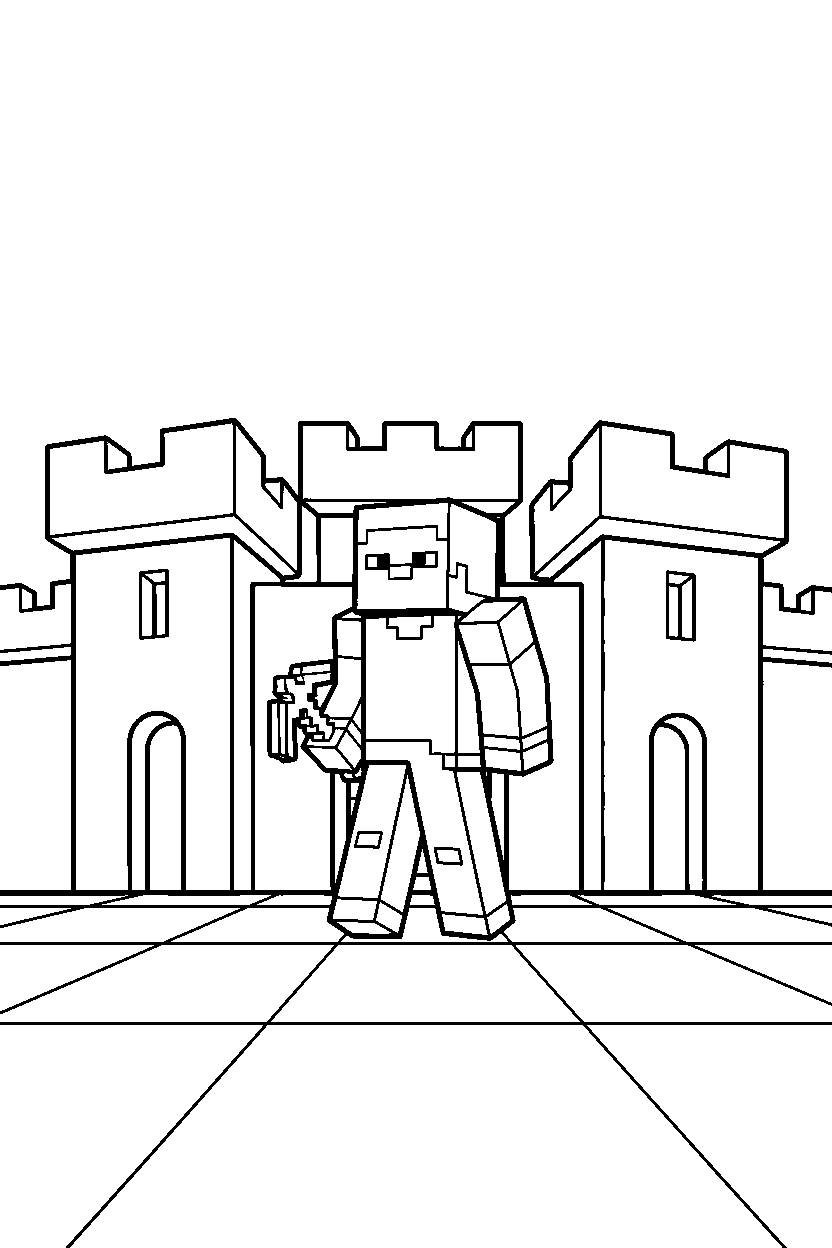 minecraft steve standing confidently in castle line art