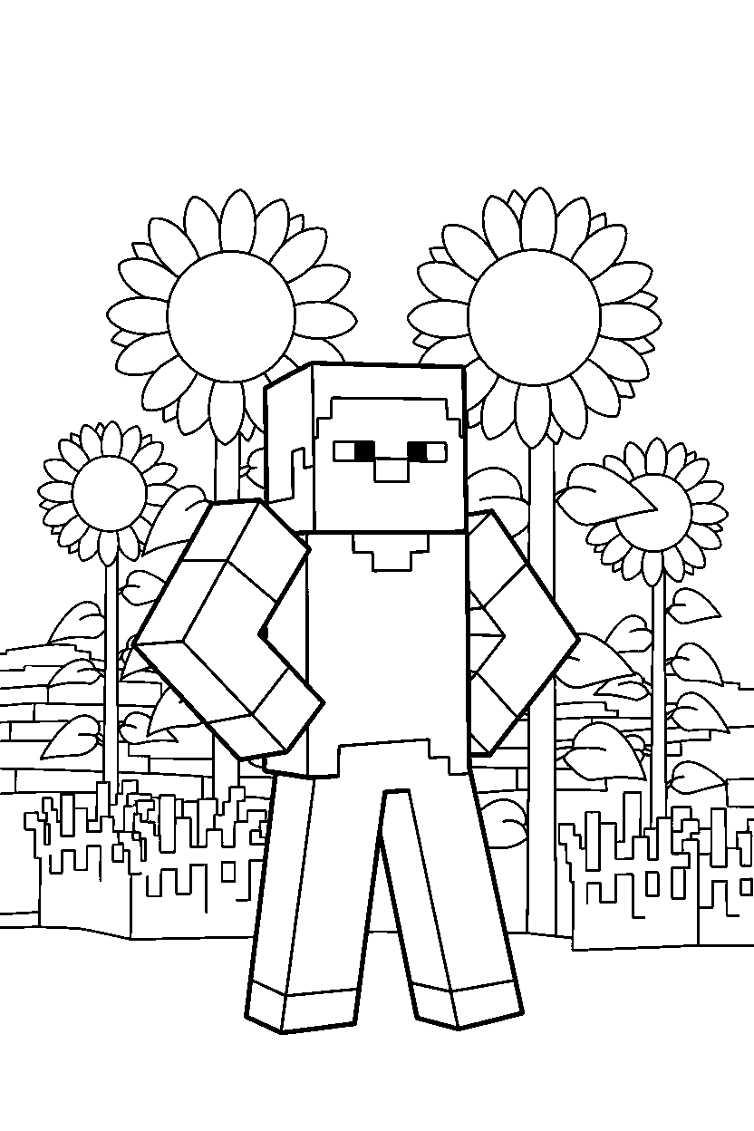 minecraft steve standing confidently in sunflower plains line art