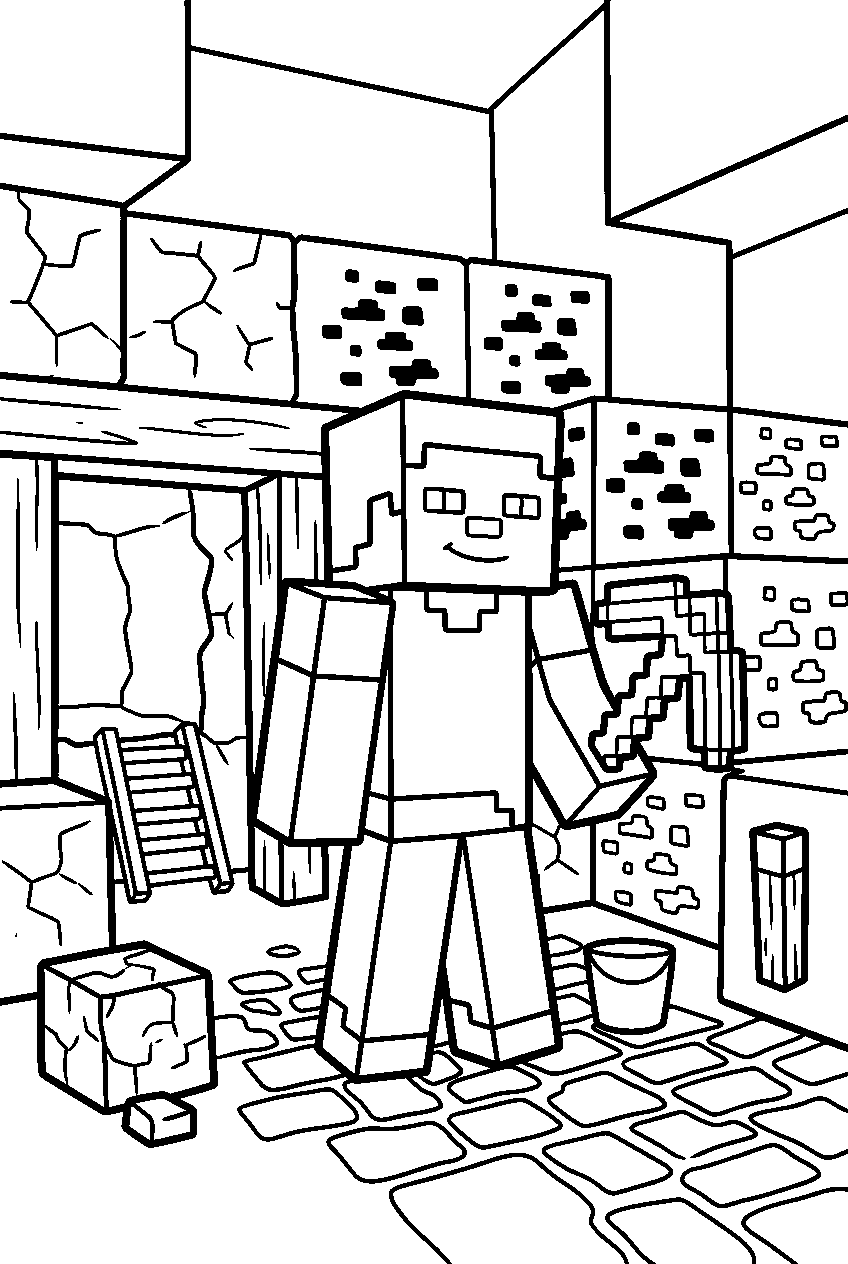 minecraft steve standing in mining area line art