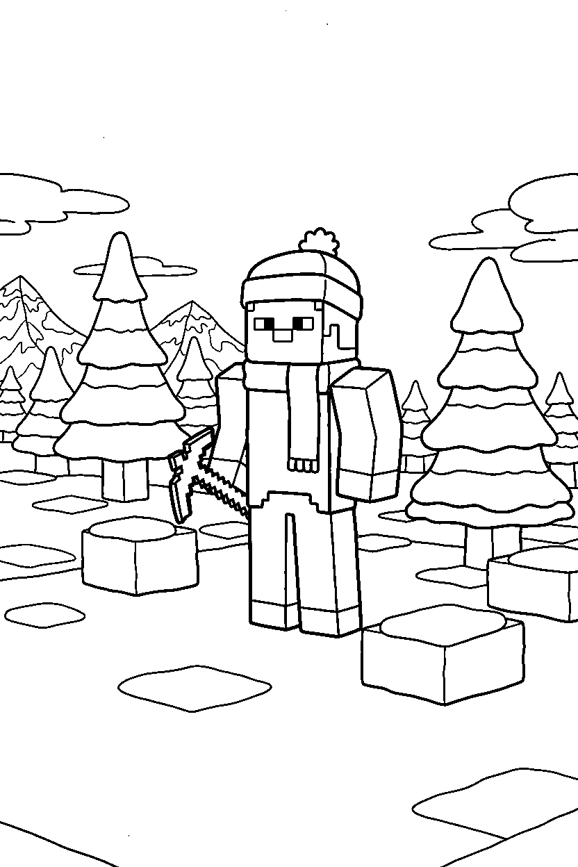 minecraft steve standing in snowy biome line art