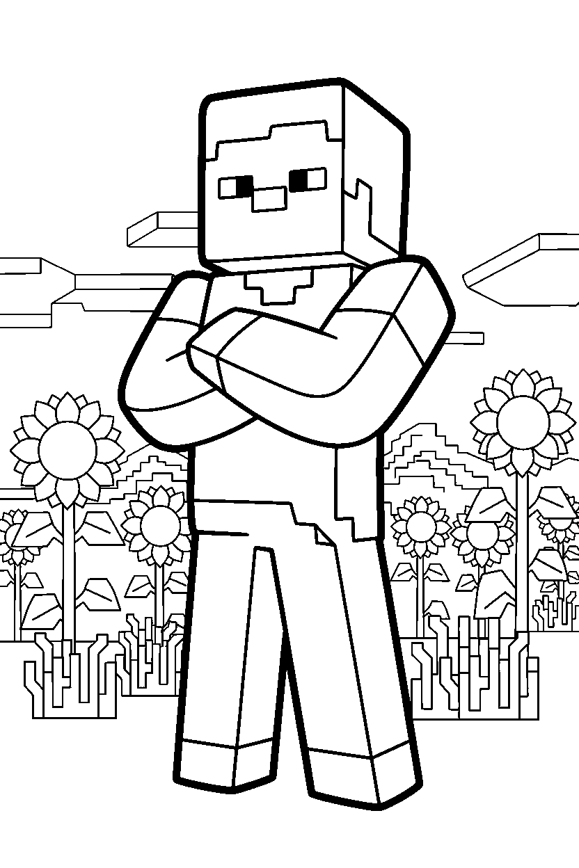minecraft steve standing proudly in sunflower plains line art