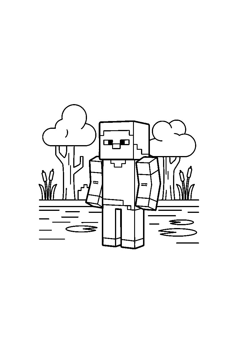 minecraft steve standing quietly in a swamp line art