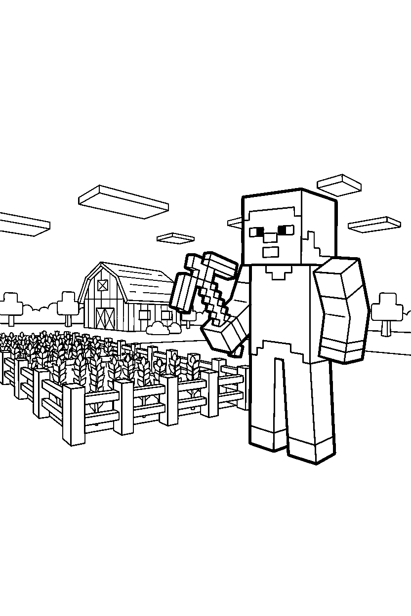 minecraft steve standing with a pickaxe near a farm field line art