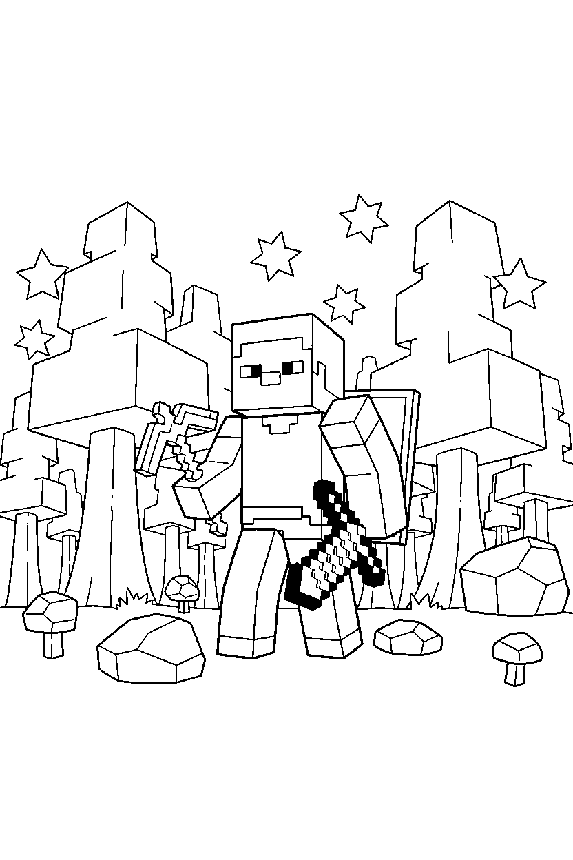 minecraft steve standing with equipment in a dark forest line art