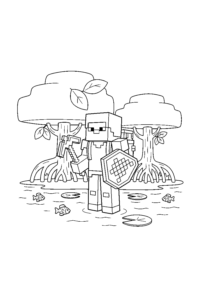 minecraft steve standing with equipment in a mangrove swamp line art