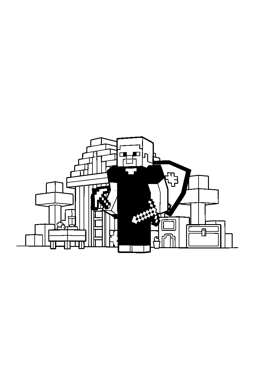 minecraft steve standing with equipment in a survival base line art