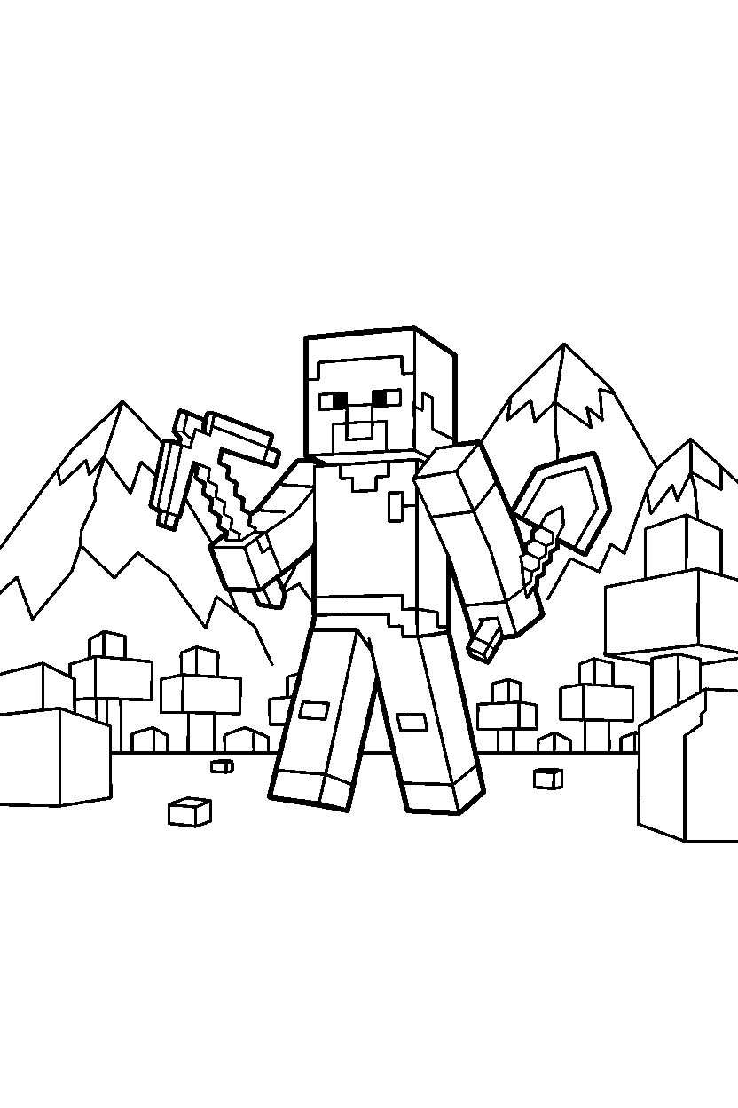 minecraft steve standing with tools in mountains line art