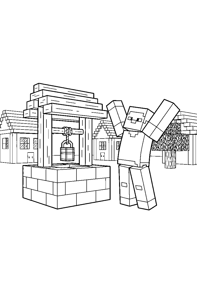 minecraft steve stretching at village well line art