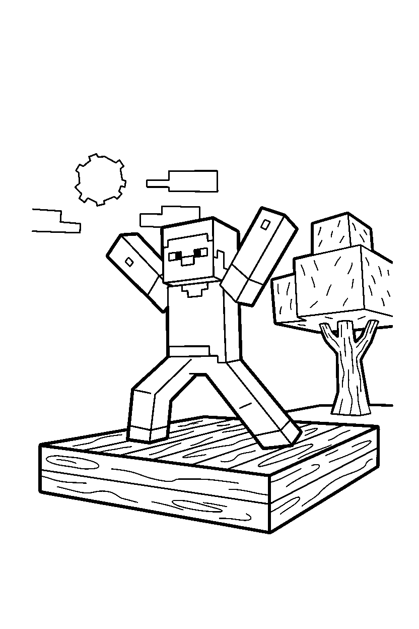 minecraft steve stretching on wooden platform line art