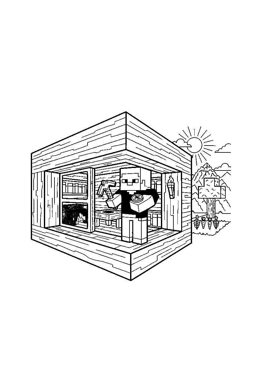minecraft steve studying the surrounding in a survival base line art