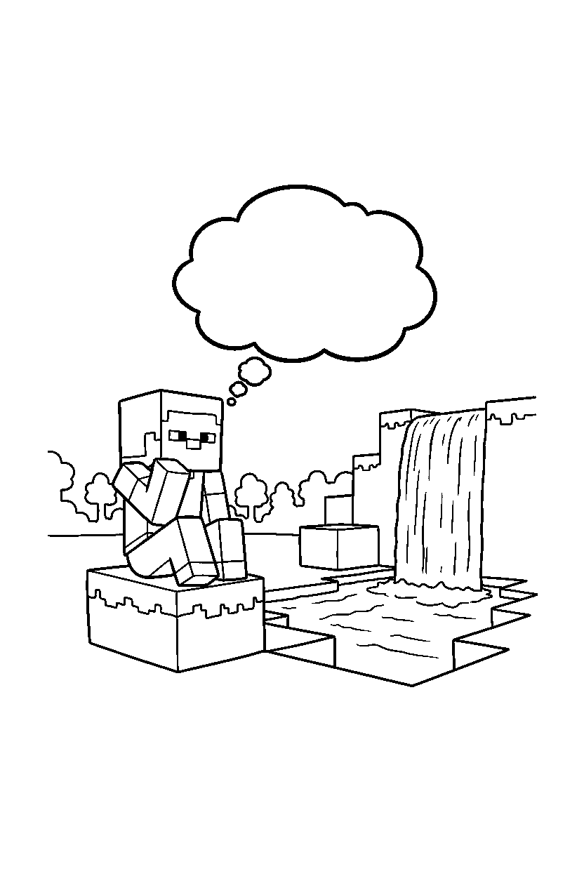 minecraft steve thinking by waterfall line art
