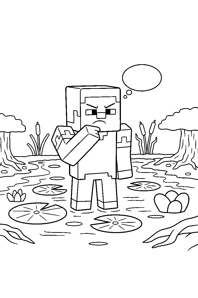minecraft steve thinking carefully in a swamp line art
