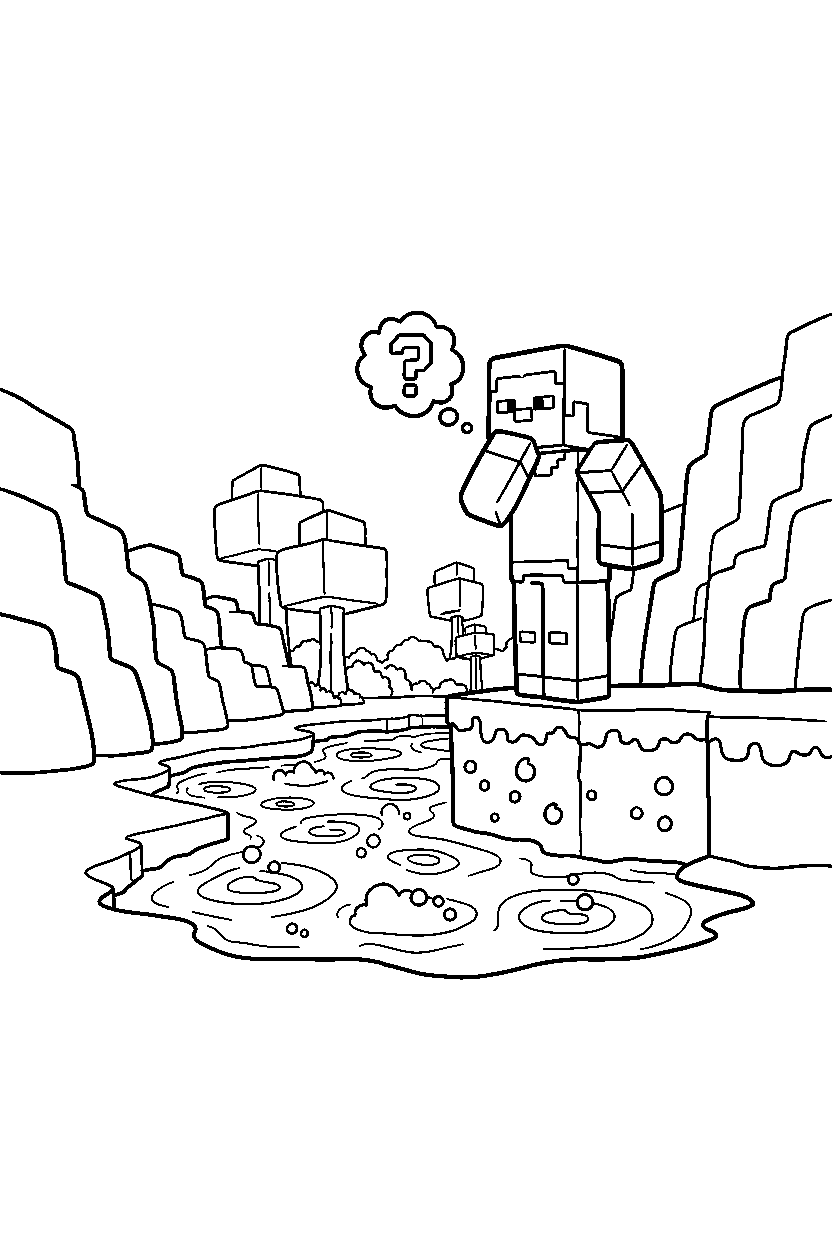 minecraft steve thinking carefully near a lava lake line art