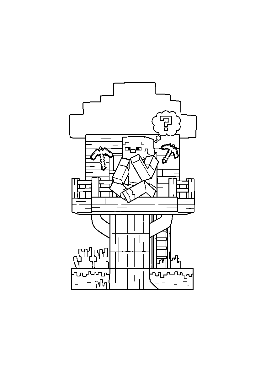 minecraft steve thinking in a treehouse base line art