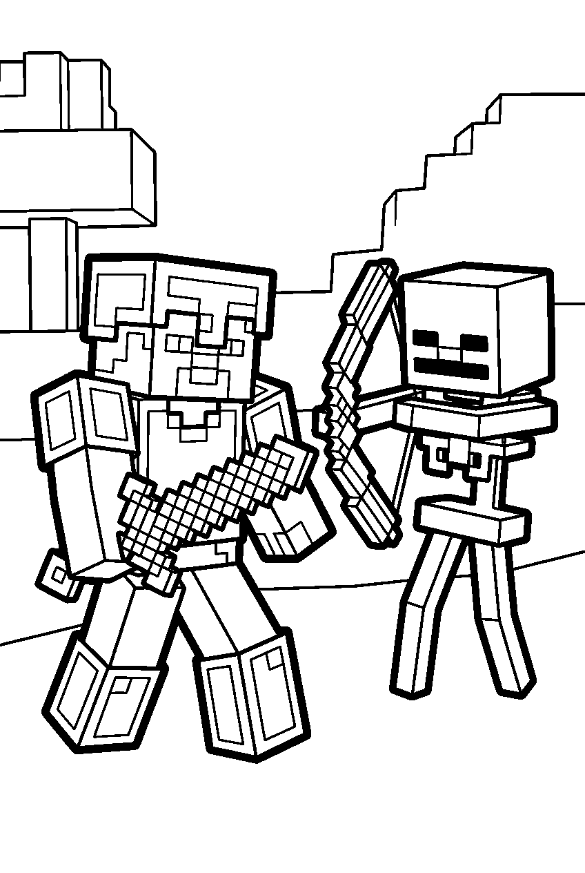 minecraft steve vs skeleton line art