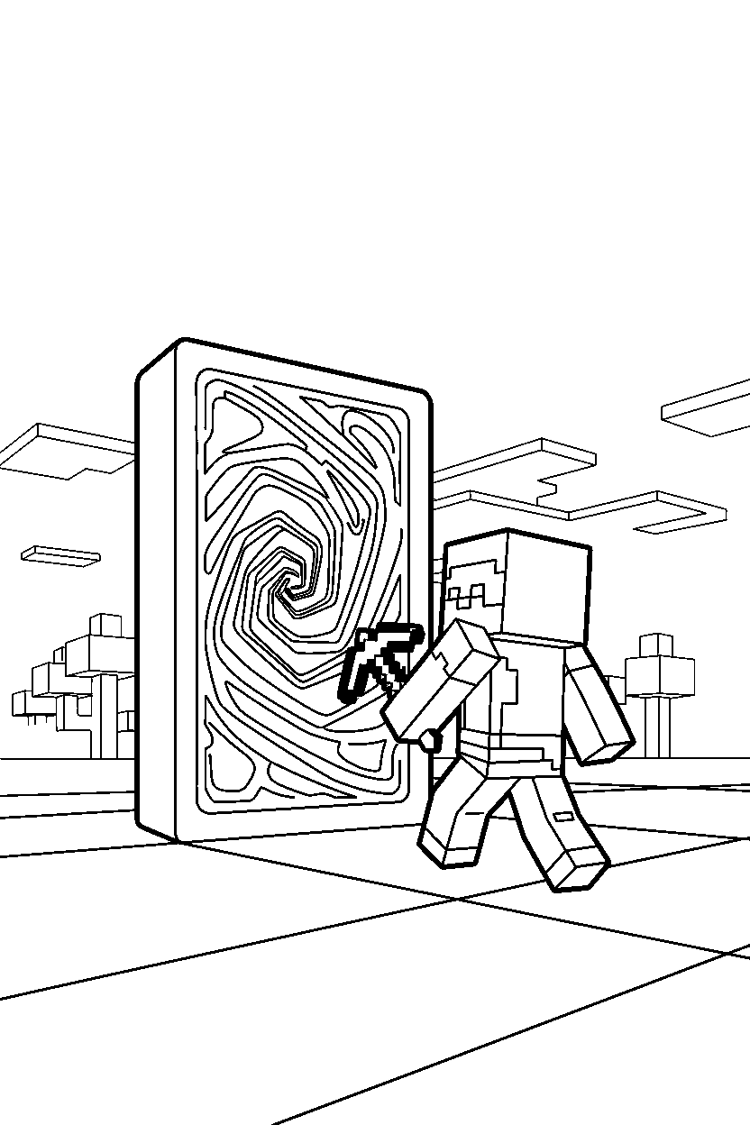 minecraft steve walking carefully near a portal line art