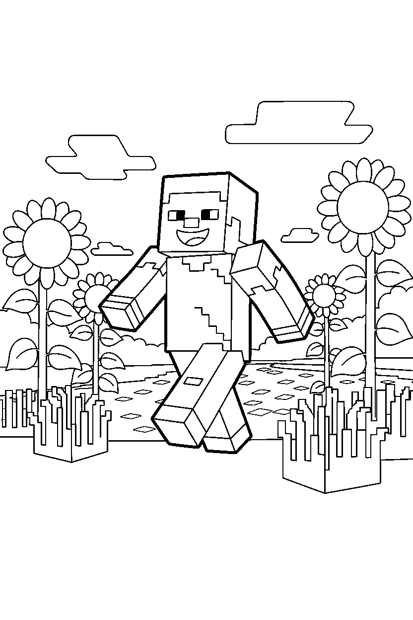 minecraft steve walking happily in sunflower plains line art
