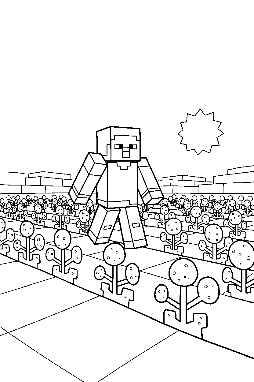 minecraft steve walking in potato farm line art