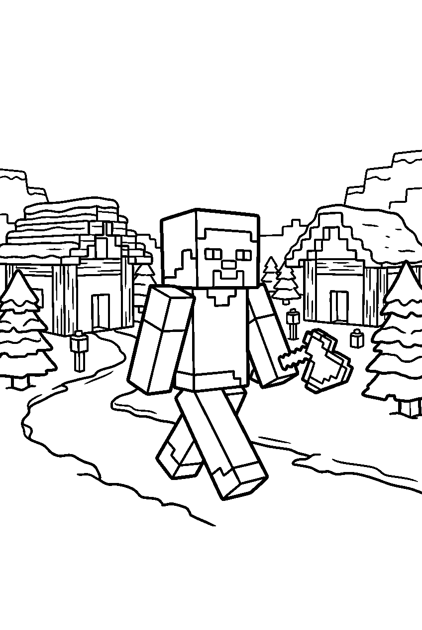 minecraft steve walking in snowy village line art