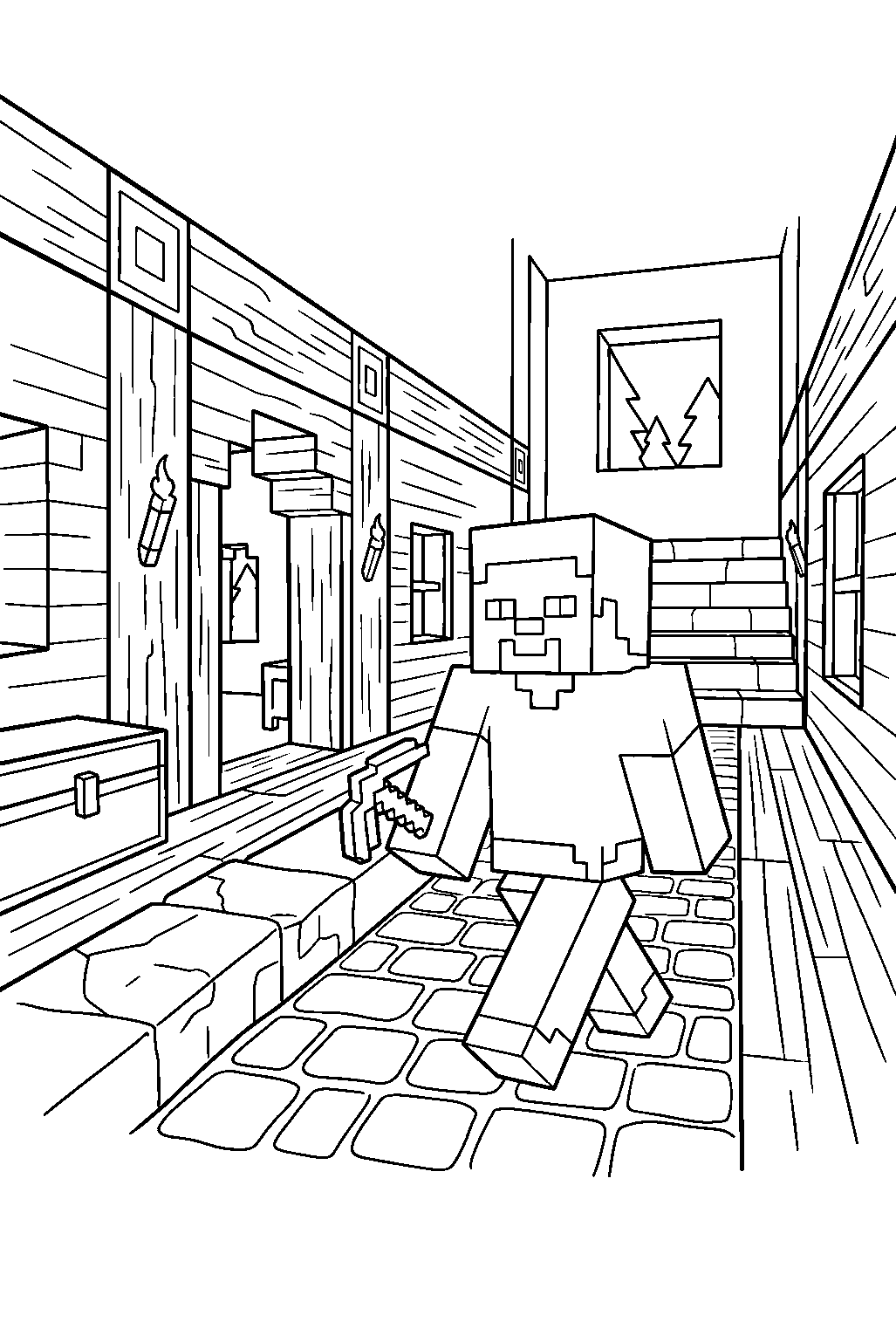 minecraft steve walking in woodland mansion line art