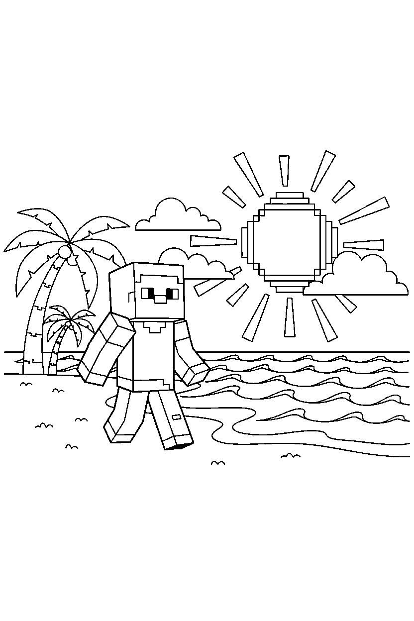 minecraft steve walking on beach line art