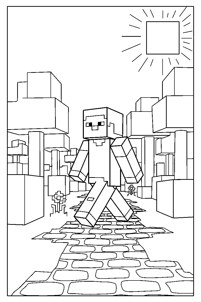 minecraft steve walking slowly in forest line art