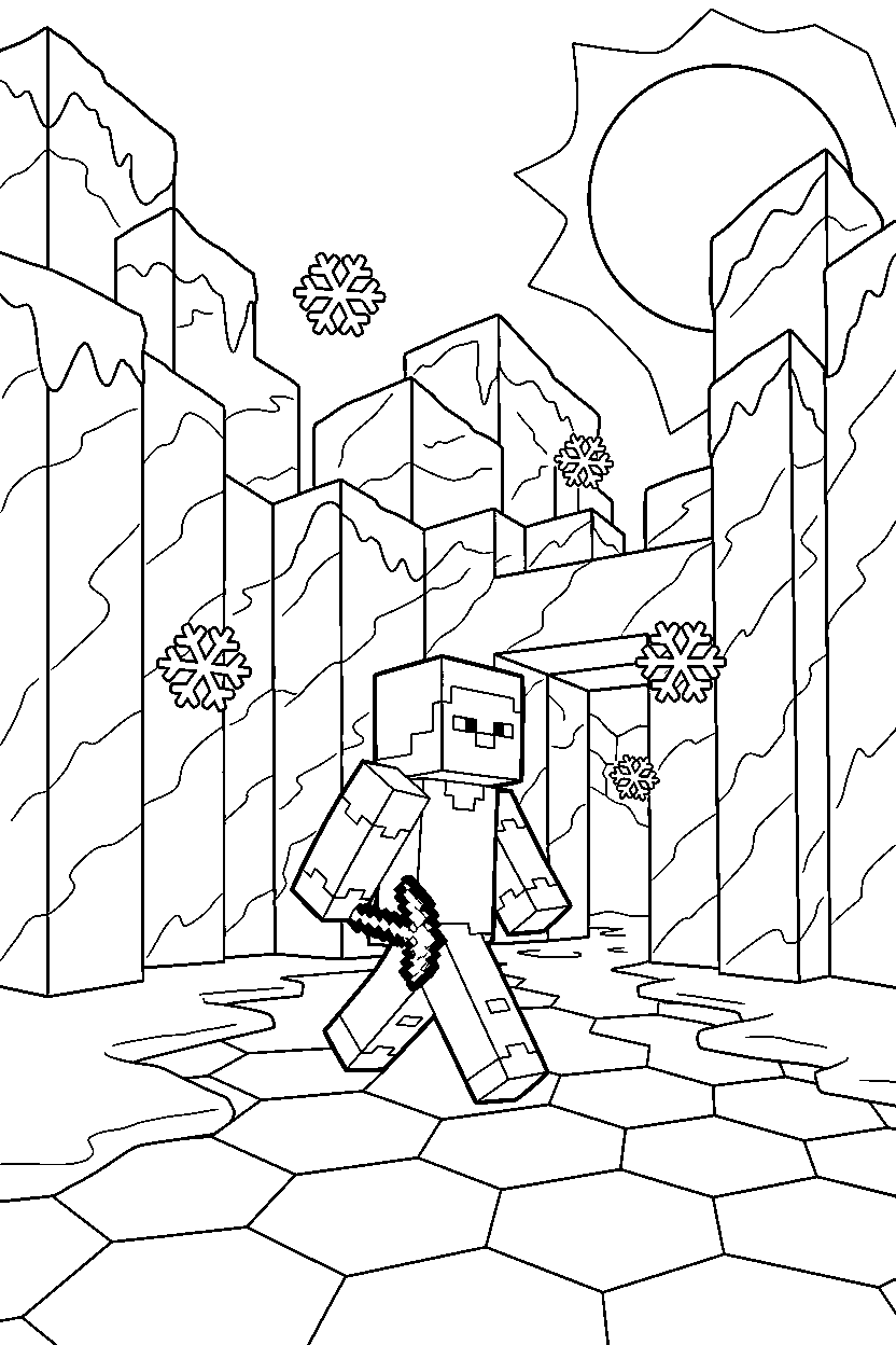 minecraft steve walking slowly in ice castle line art