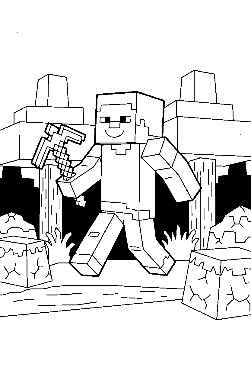 minecraft steve walking with tool in a dark forest line art