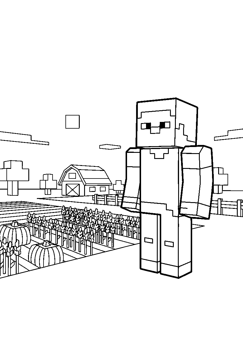 minecraft steve watching calmly near a farm field line art