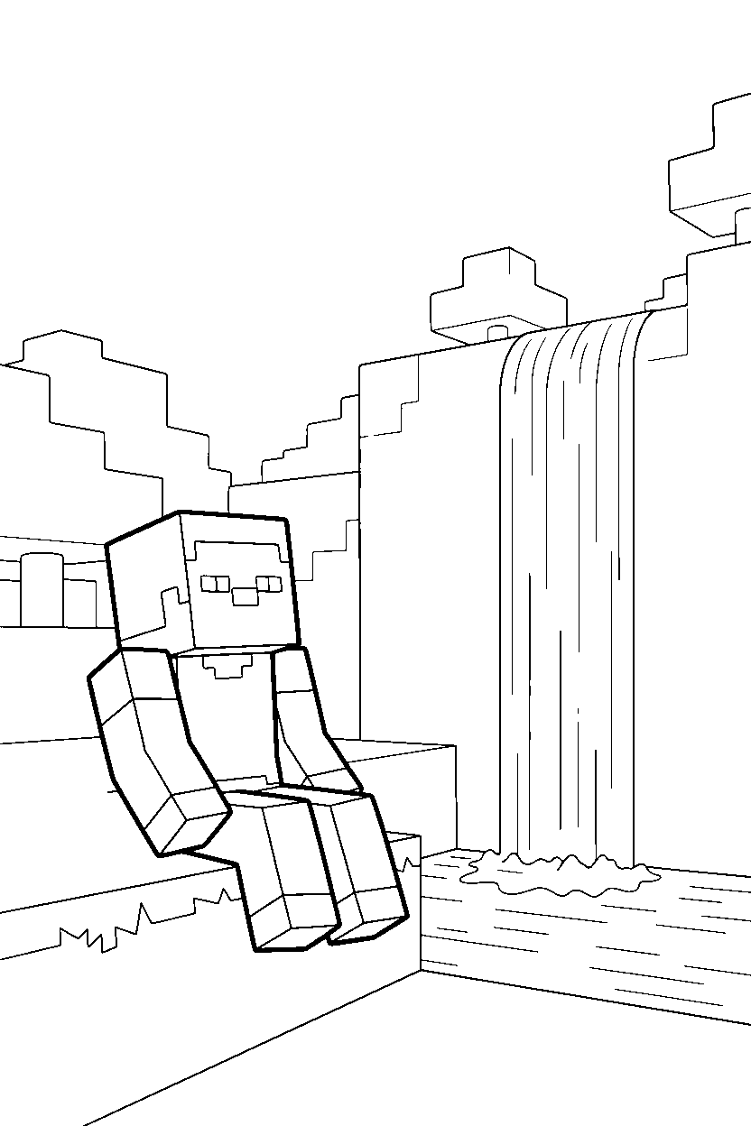 minecraft steve watching calmly near a waterfall line art