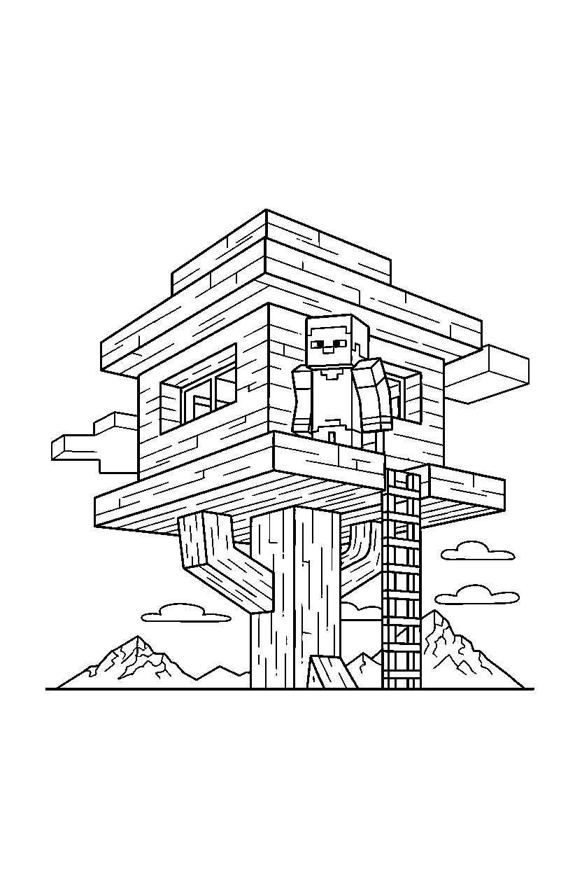 minecraft steve watching carefully in a treehouse base line art