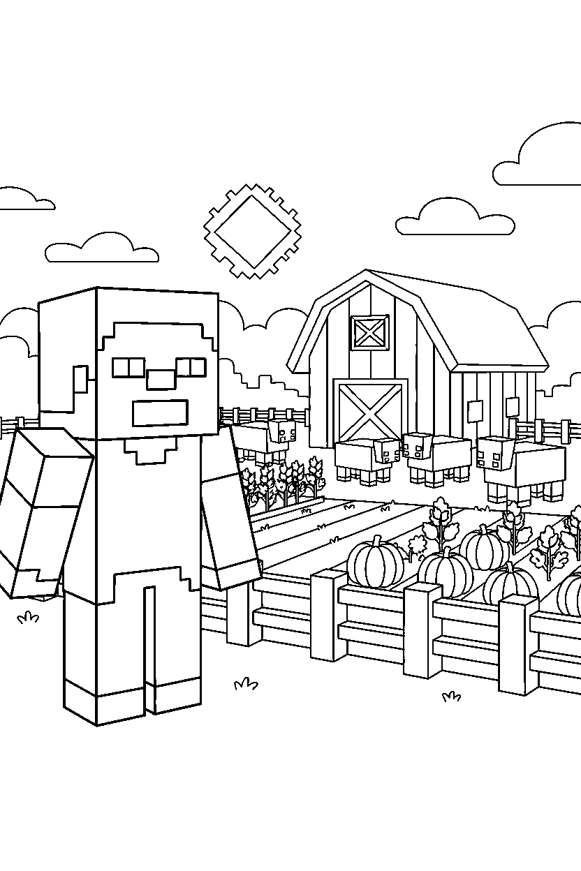 minecraft steve watching in farm line art