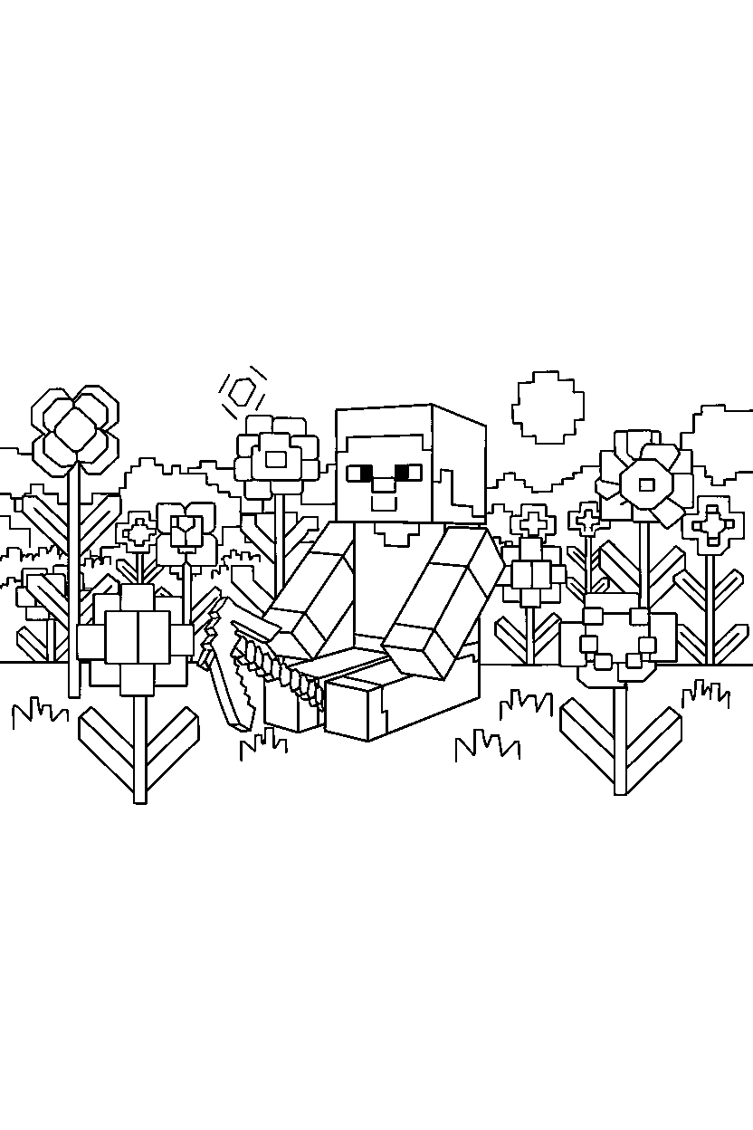 minecraft steve watching in flower field line art