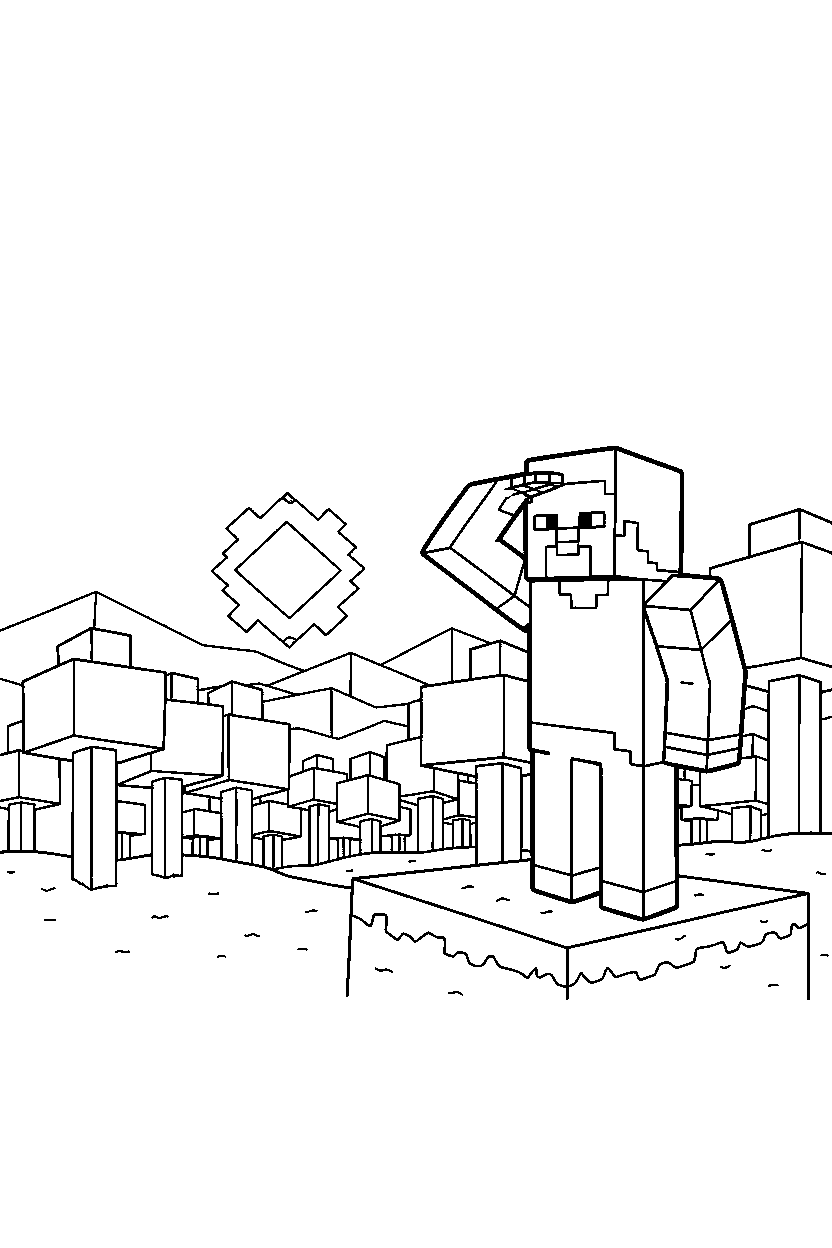 minecraft steve watching the horizon in a forest line art