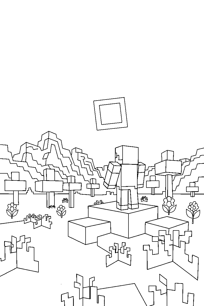 minecraft steve watching the horizon in a meadow line art