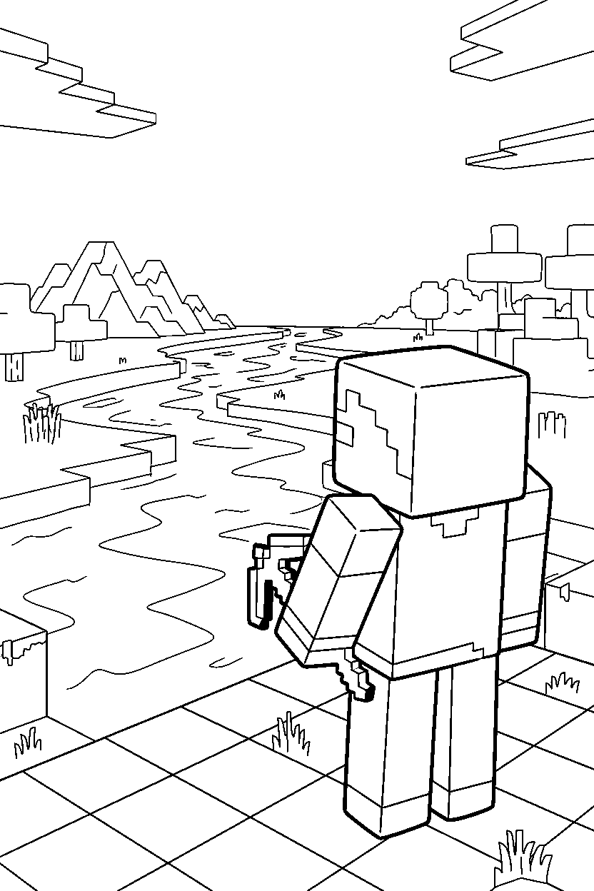 minecraft steve watching the horizon near a river line art