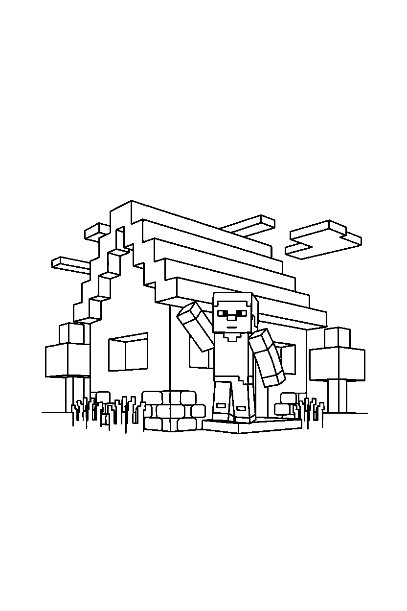 minecraft steve waving in small house line art