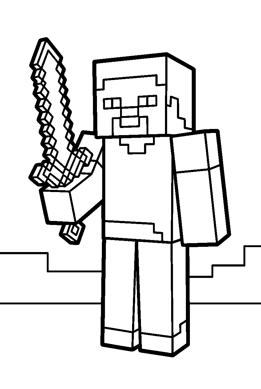minecraft steve with diamond sword line art