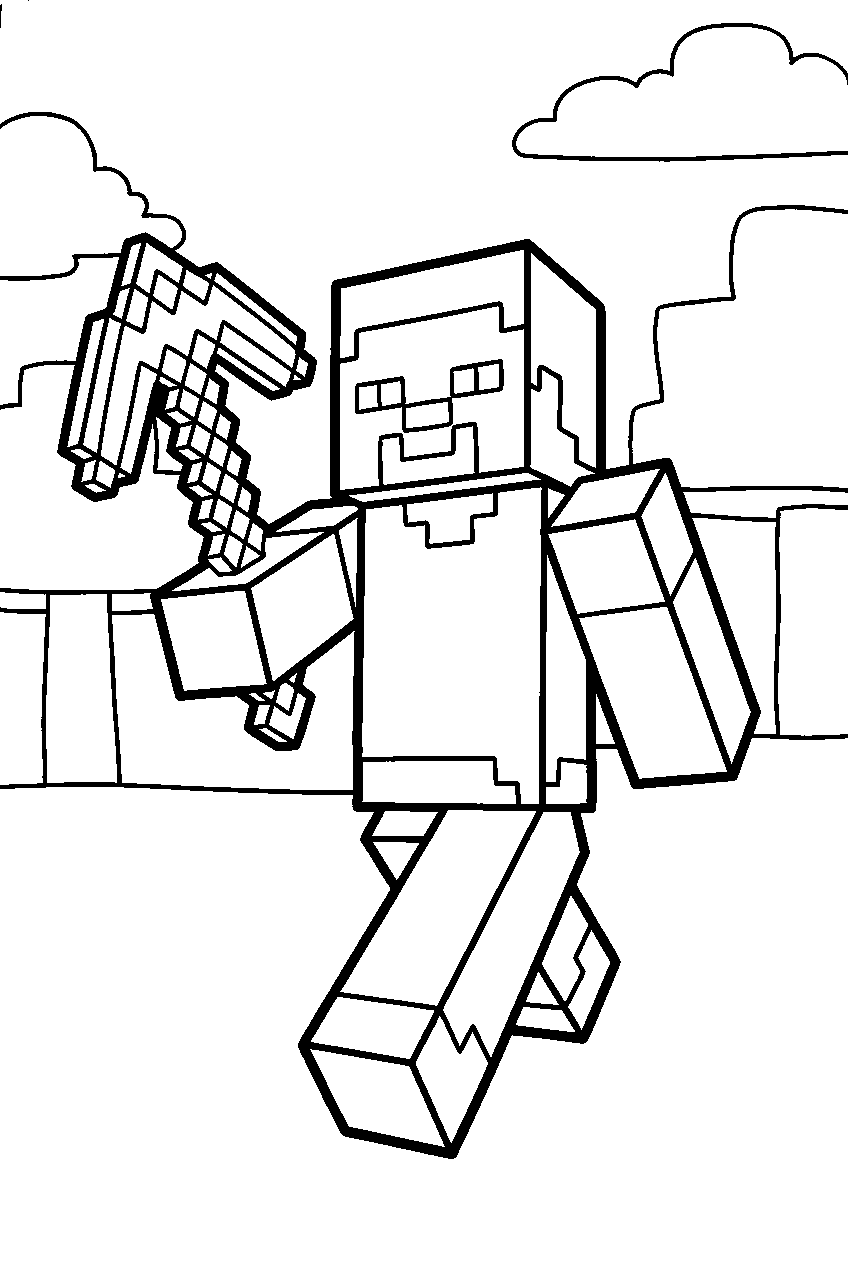 minecraft steve with pickaxe line art