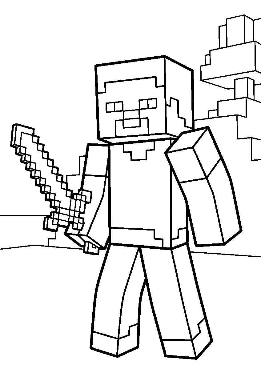 minecraft steve with sword line art