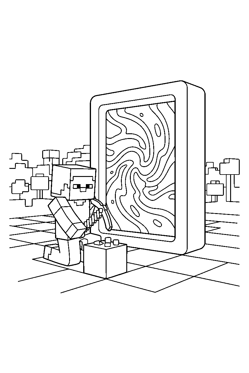 minecraft steve working quietly near a portal line art
