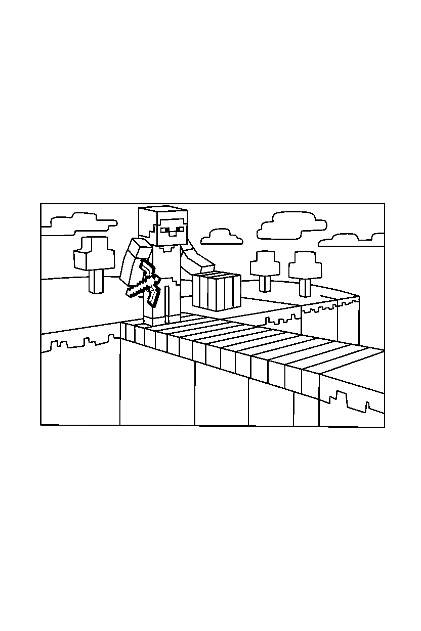 minecraft steve working quietly on a bridge line art