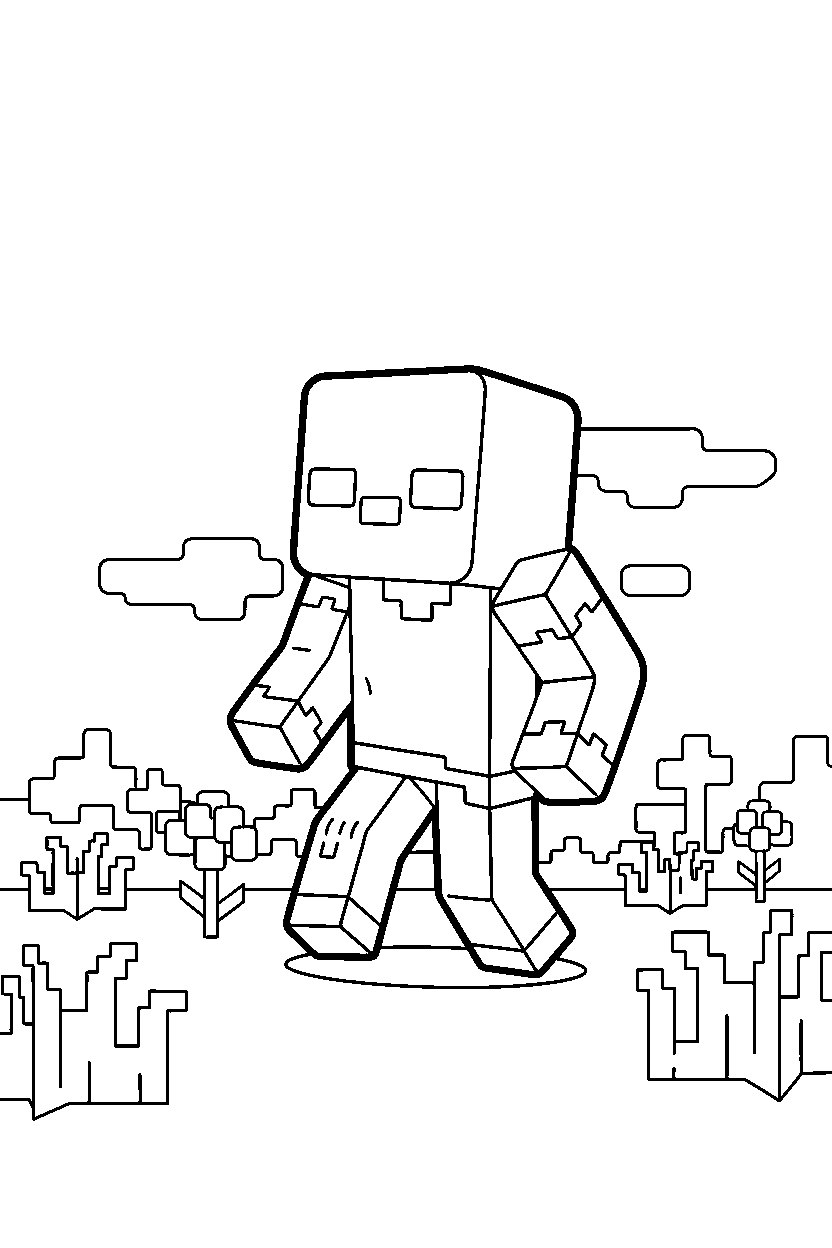 minecraft zombie approaching carefully in a meadow line art
