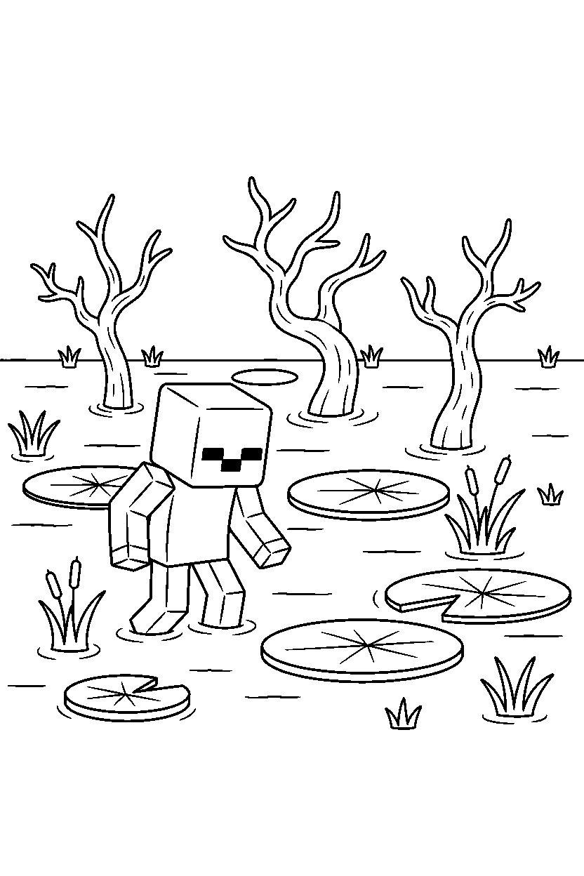 minecraft zombie approaching carefully in a swamp line art