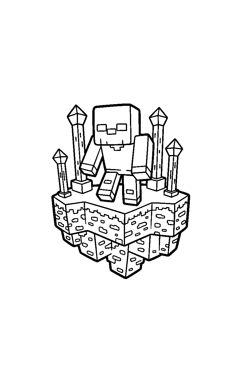 minecraft zombie approaching carefully on an end island line art
